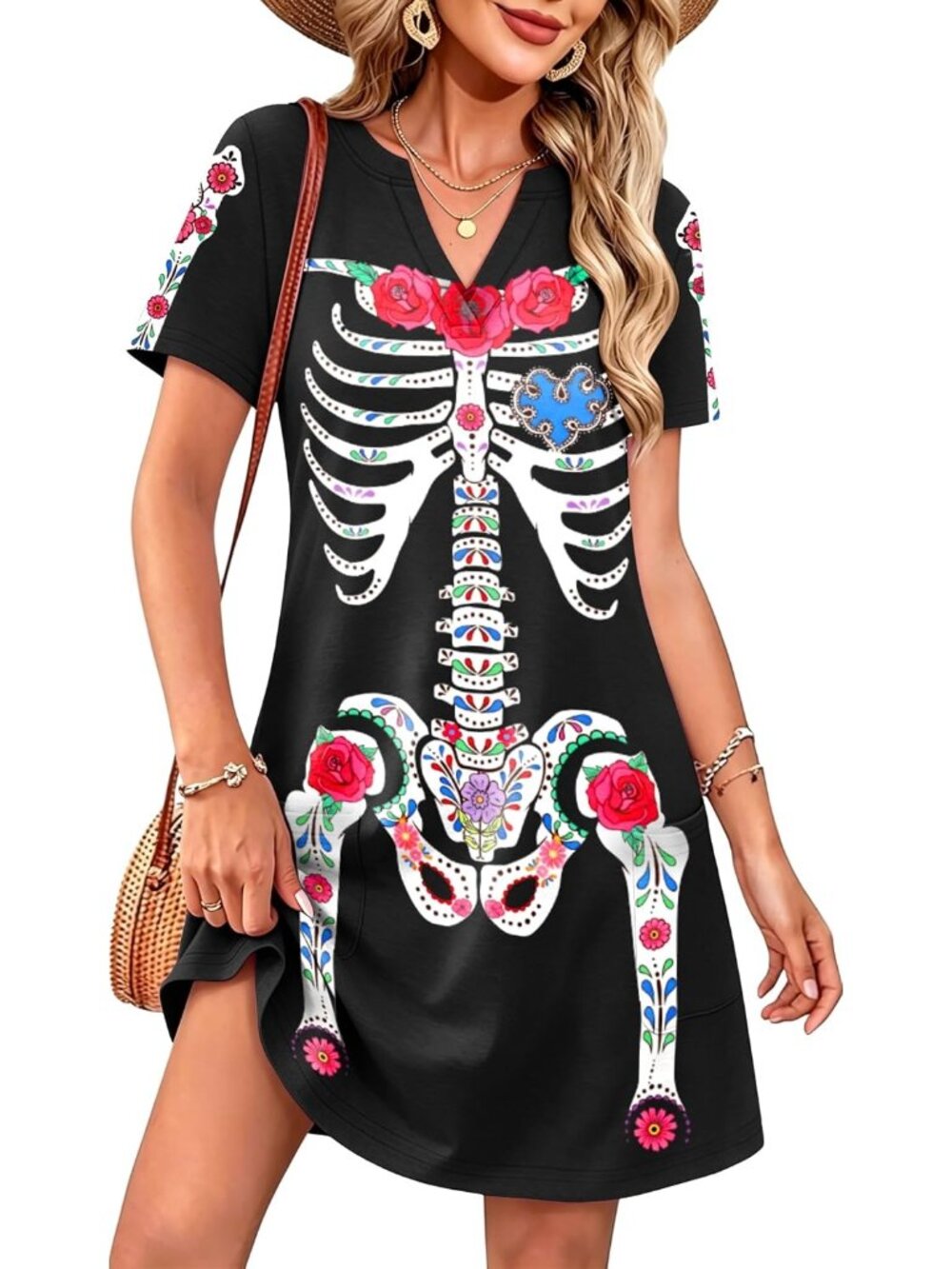 🆕Women's Floral Skeleton Halloween V-Neck Short Sleeve Dress Black